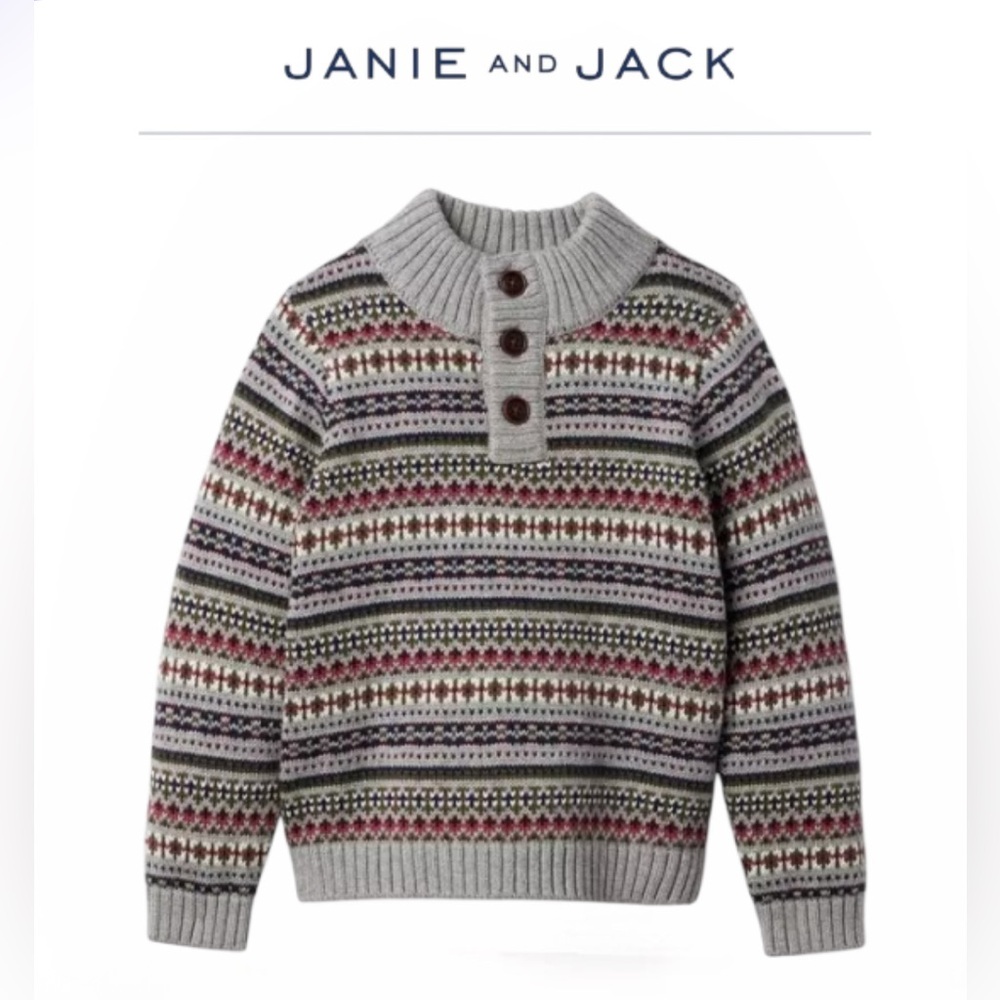 Janie and Jack Classic Grey Heather Fair Isle Mock Neck Kids Sweater